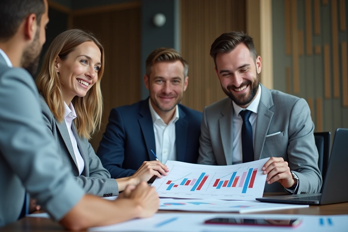 Groupe de professionnels en réunion d'affaires avec graphiques financiers