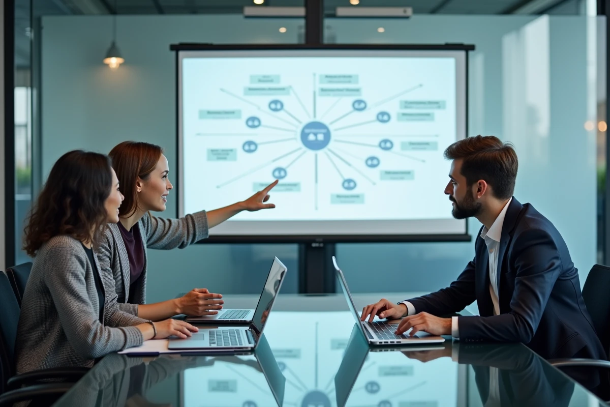 Équipe marketing en réunion analysant un plan de marketing automatisé propulsé par l'intelligence artificielle