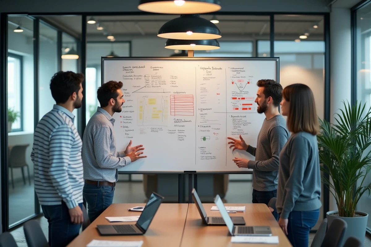 Équipe de startuppers discutant d'un tableau blanc rempli de diagrammes de parcours utilisateur et de fonctionnalités barrées, symbolisant les erreurs fréquentes dans la construction d'un MVP