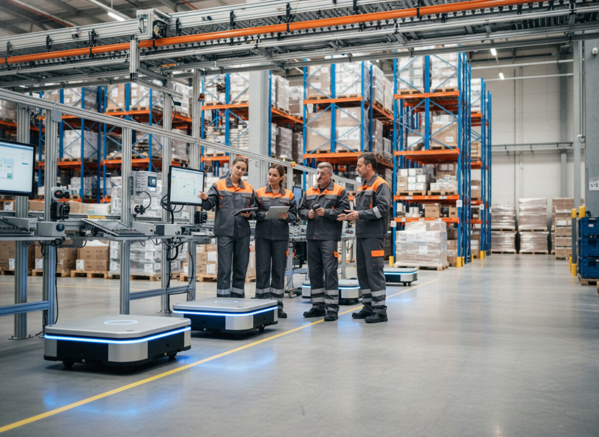 Groupe de travailleurs d'entrepot utilisant robots autonomes