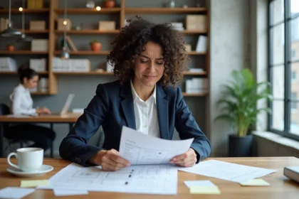 Femme entrepreneuse analysant une feuille de route produit couverte de notes autocollantes dans un espace de coworking moderne, illustrant les erreurs de définition MVP