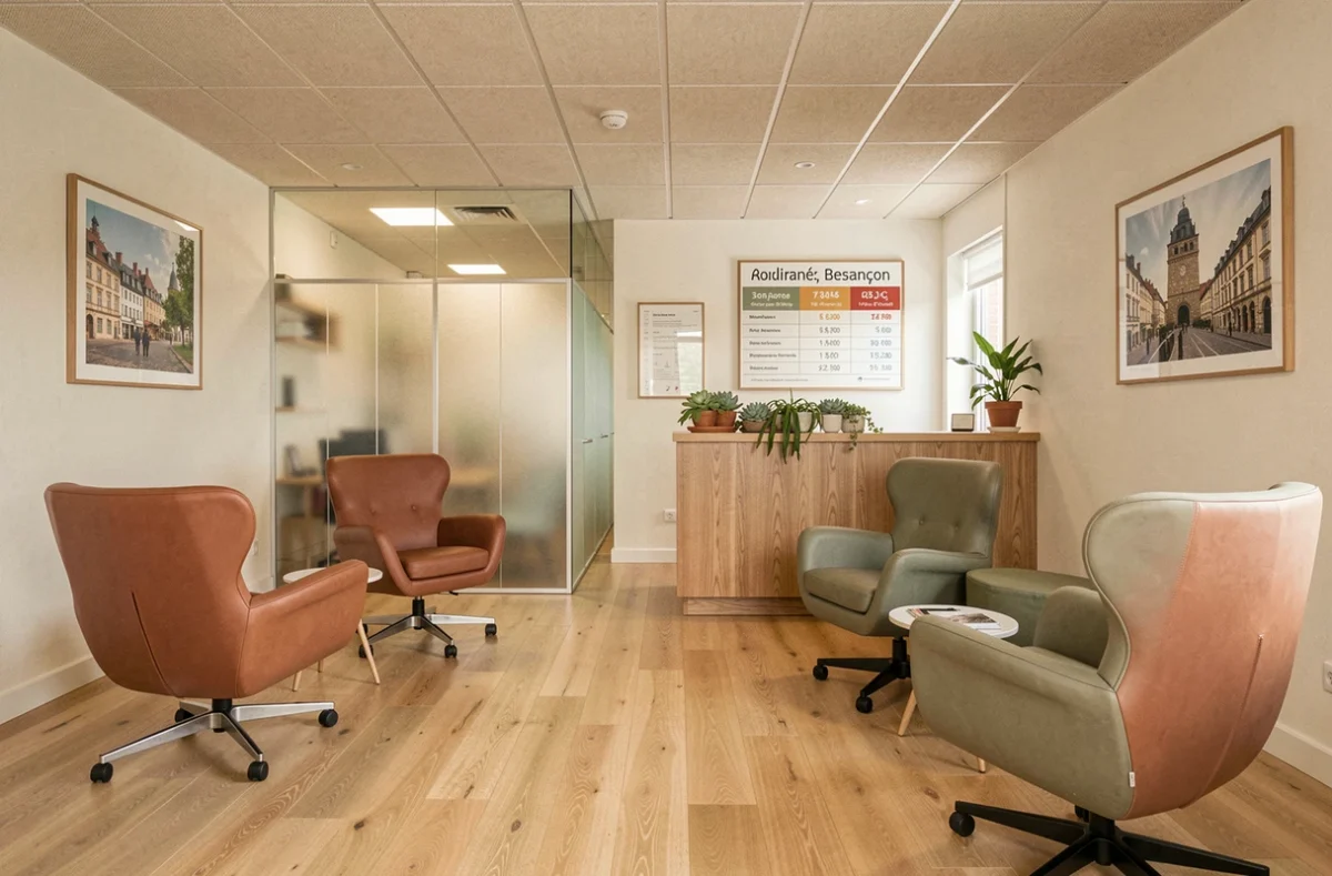 Espace de coworking haut de gamme à Besançon avec tableau des tarifs et mobilier design