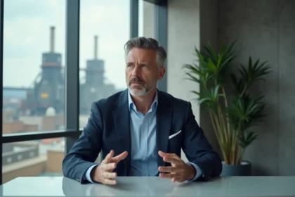 Homme executif en costume navy en réunion dans un bureau industriel