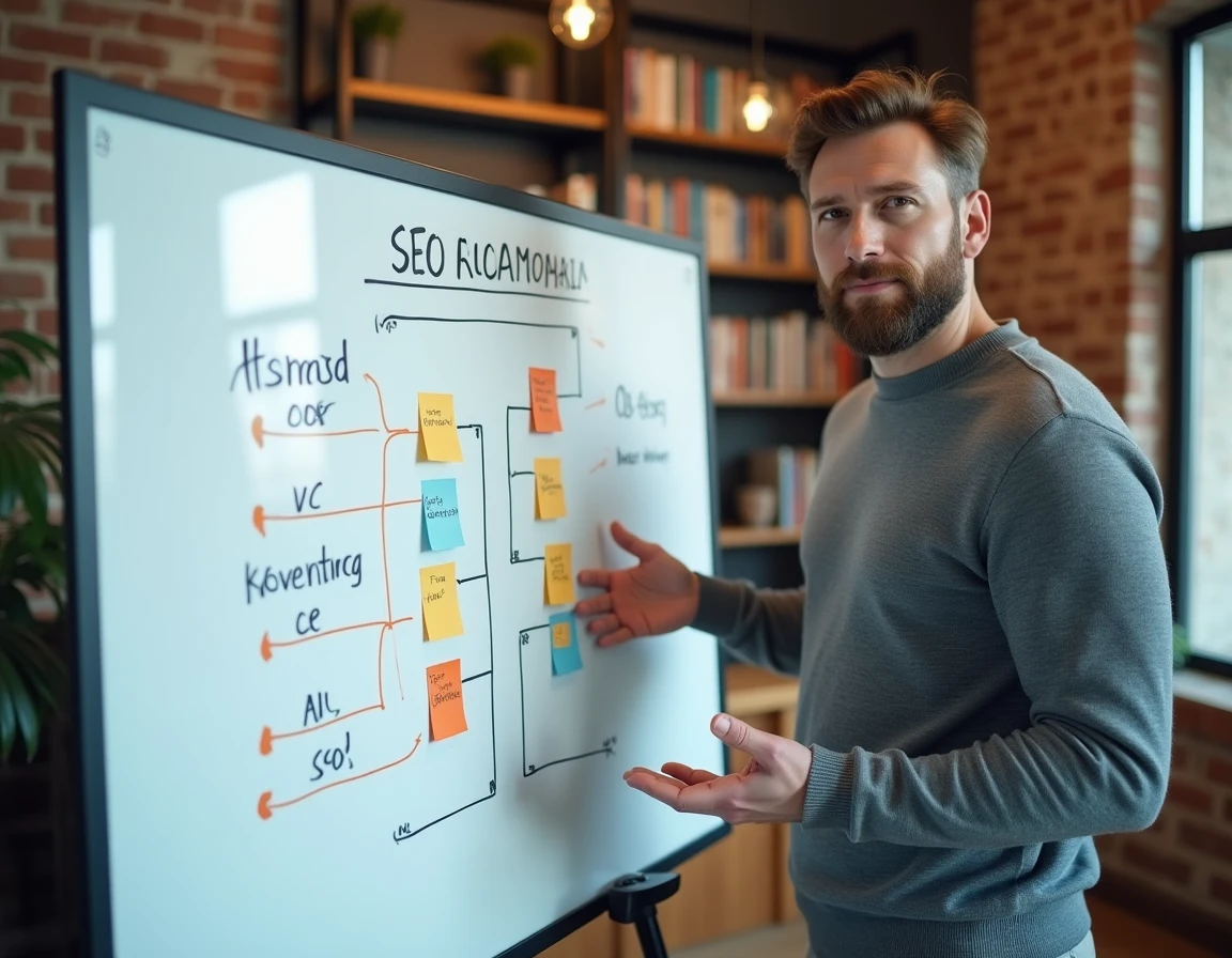 Expert SEO alsacien présentant une feuille de route référencement sur tableau blanc dans une agence digitale locale