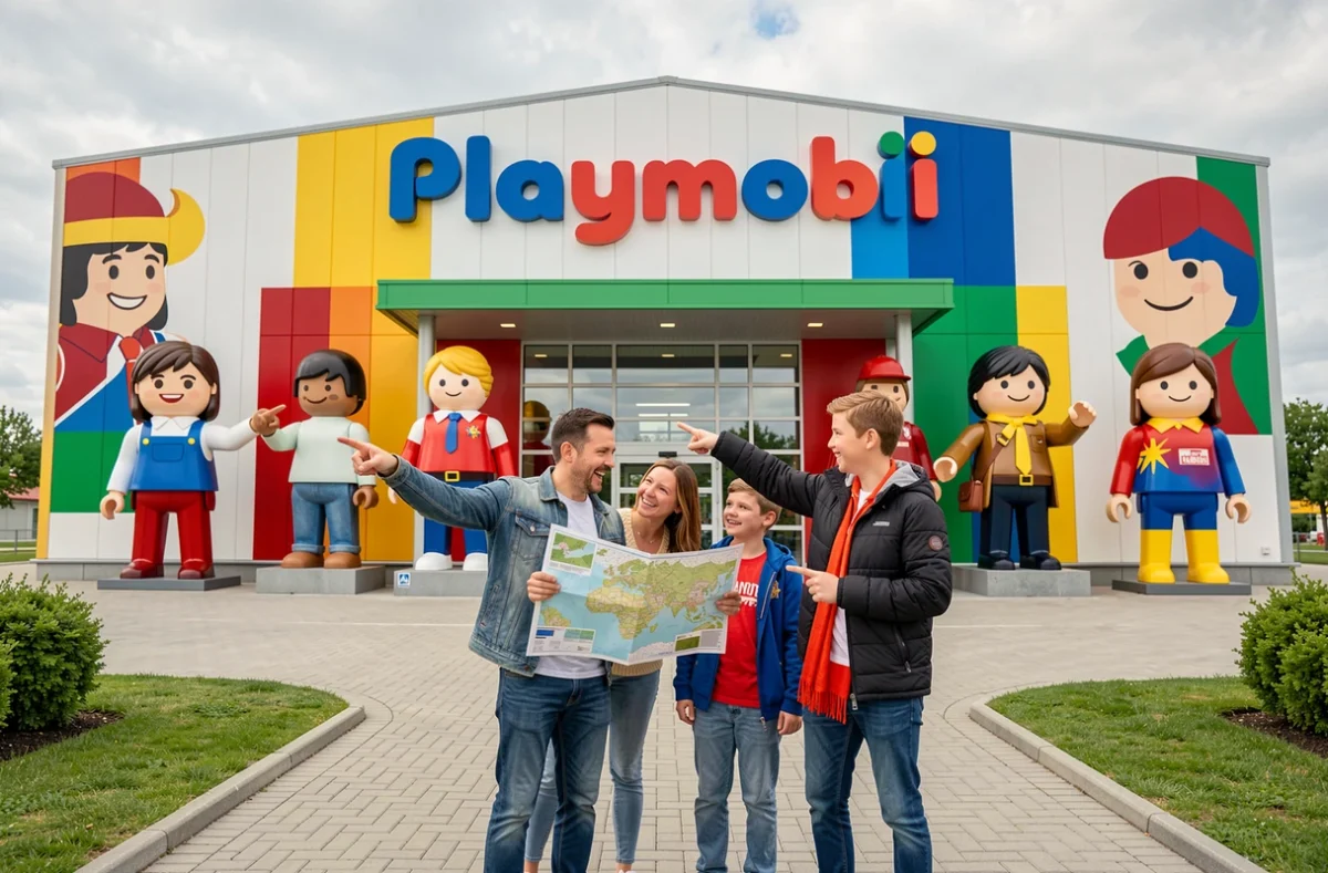 Famille visitant l'usine Playmobil lors d'un week-end thématique devant l'entrée principale avec sculptures emblématiques