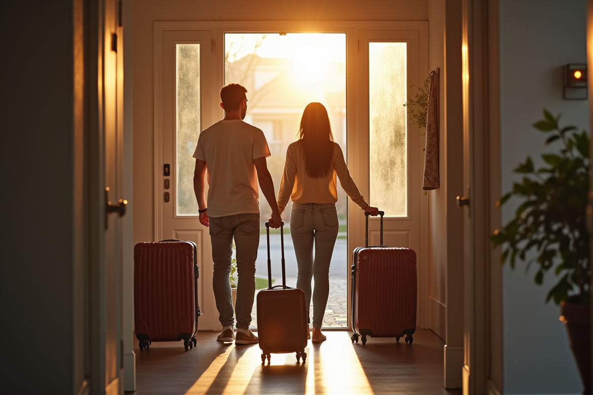 Famille quittant la maison avec valises et panneau vente