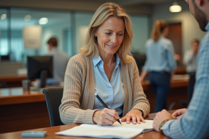 Femme d'âge moyen remplissant des papiers à la mairie