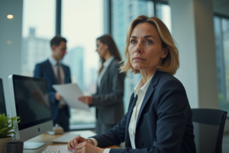 Femme d affaires réfléchissant au bureau avec collègues en arrière plan