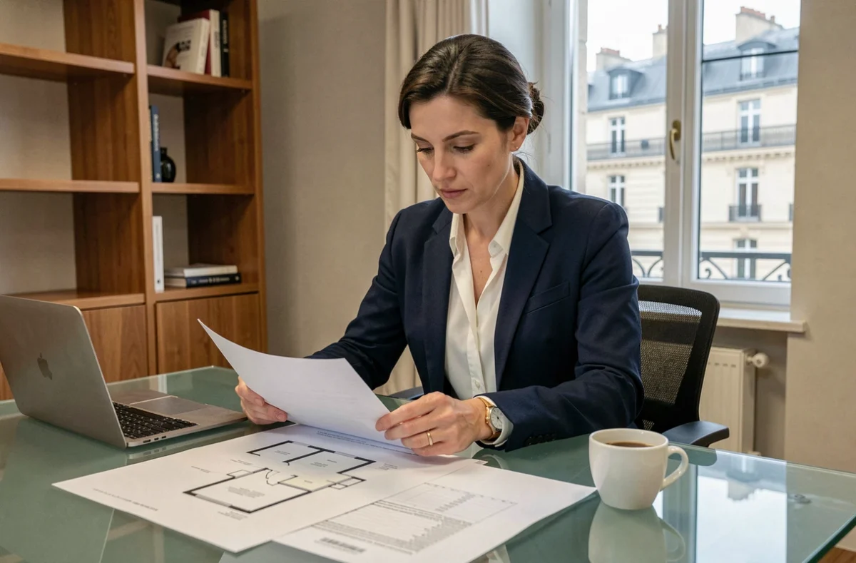 Femme d'affaires analysant des plans et budgets pour la location d'un bureau à Levallois-Perret