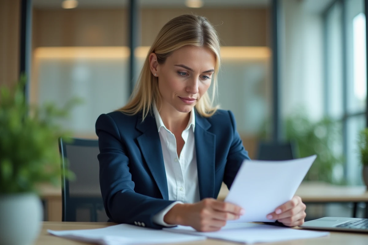 Femme d'affaires en costume bleu dans un bureau moderne