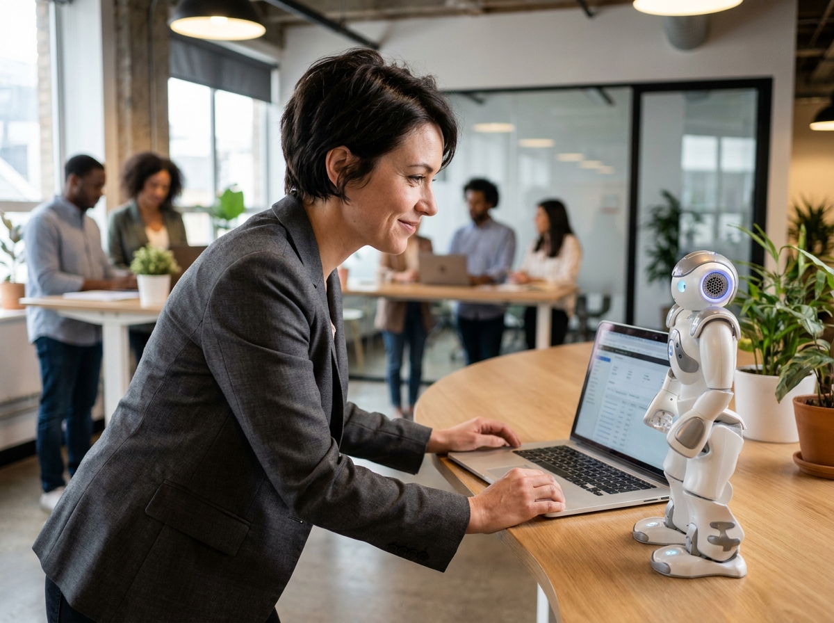 Femme d'affaires collaborant avec un robot de bureau dans un bureau de startup technologique moderne