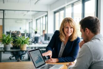 Femme d'affaires souriante dans un bureau moderne