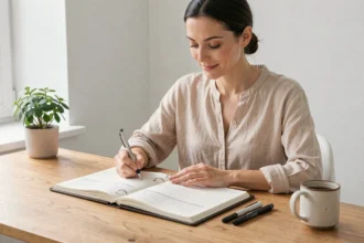 Femme écrivant dans un agenda 2026 sur un bureau en bois dans un bureau à domicile style scandinave