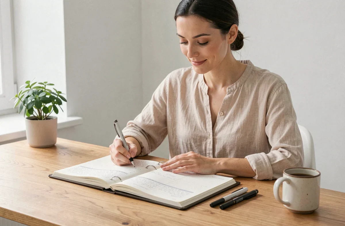 Femme écrivant dans un agenda 2026 sur un bureau en bois dans un bureau à domicile style scandinave