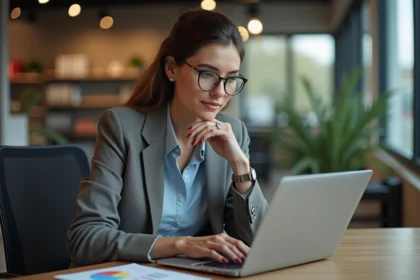 Femme en bureau moderne analysant des données marketing