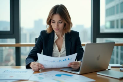 Femme concentrée analysant des rapports de campagne marketing