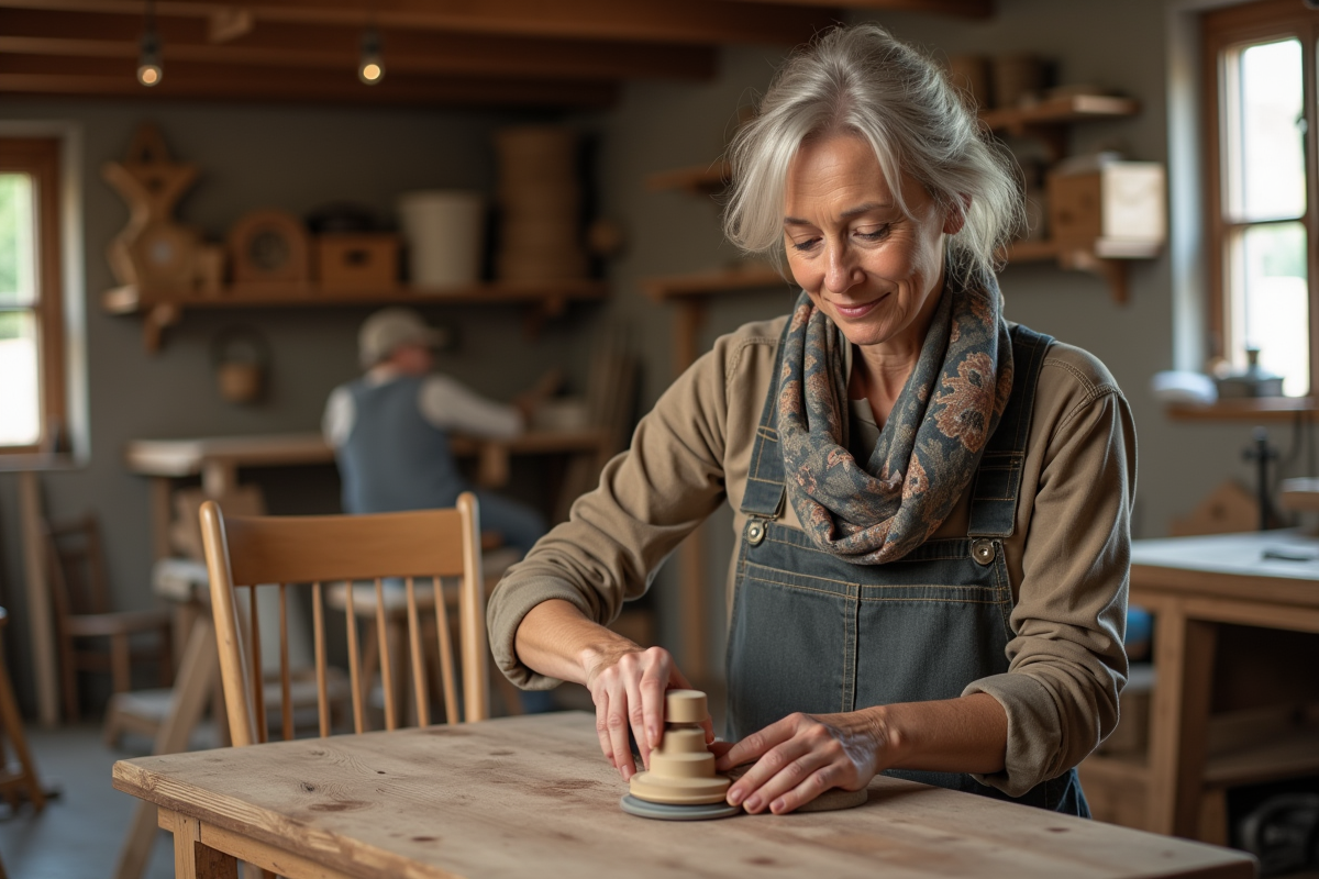 Femme artisan sandant une chaise en atelier