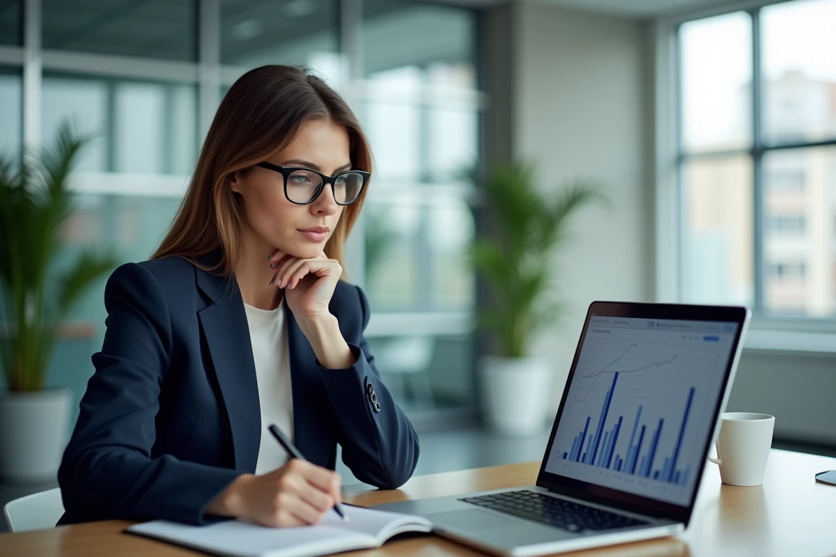 Femme d'affaires analysant un graphique de breakeven au bureau