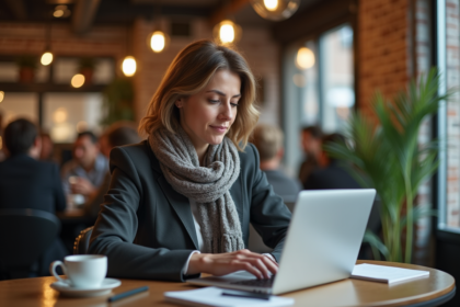 Femme d'âge moyen travaillant sur son ordinateur dans un café