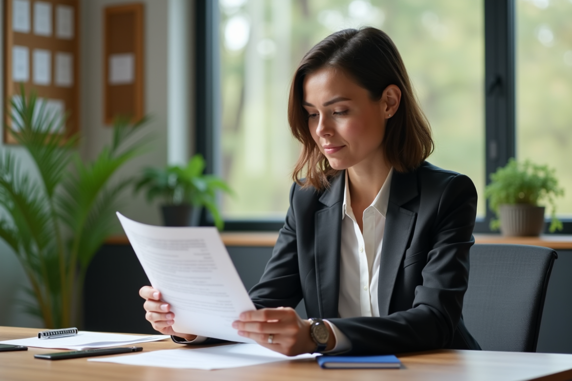 Femme en blazer dans un bureau moderne en pleine concentration