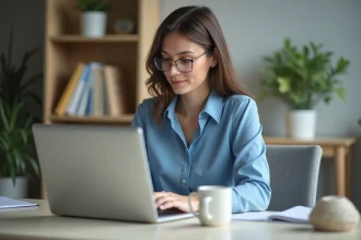 Jeune femme professionnelle analysant un site ecommerce