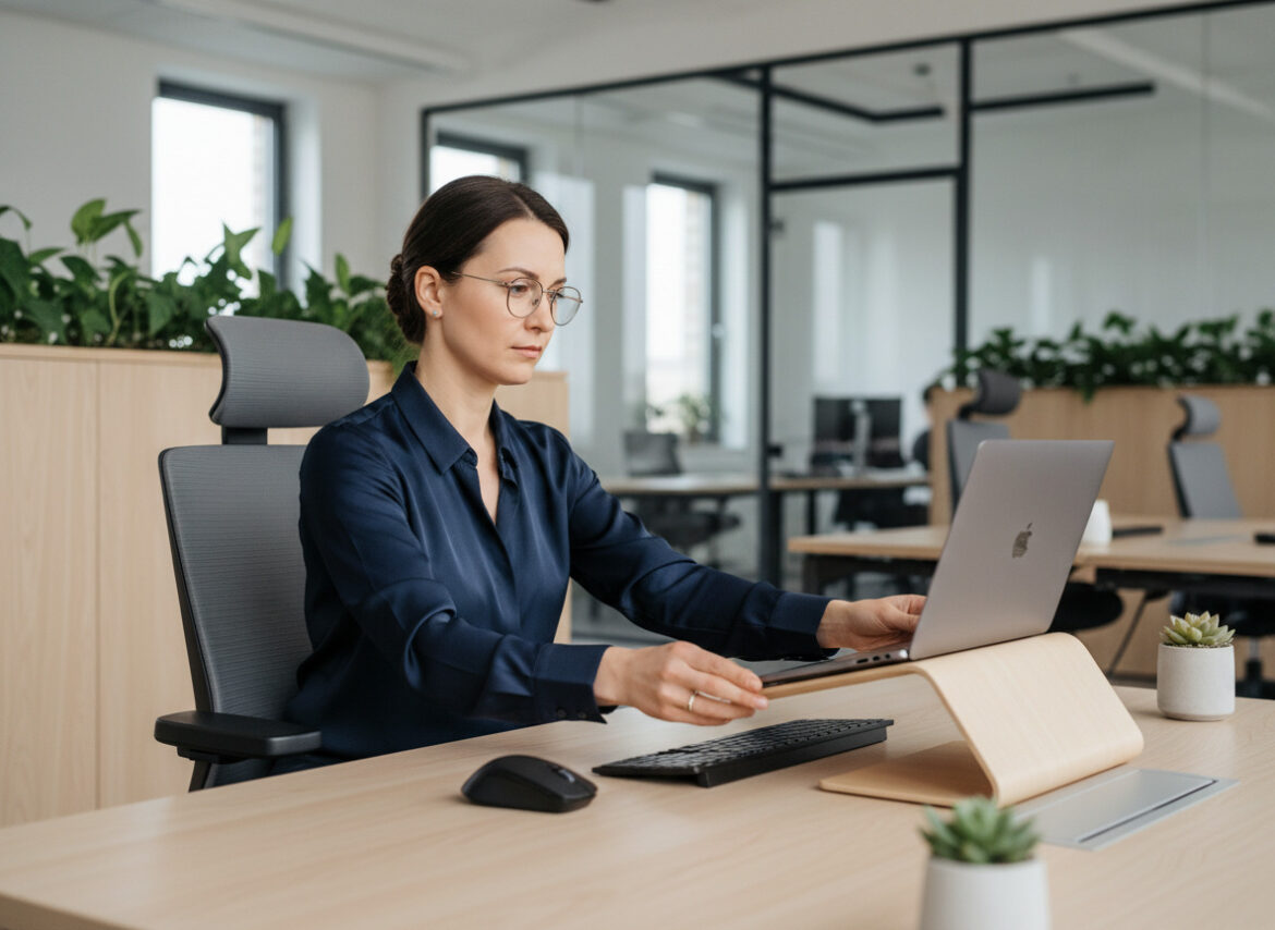Femme professionnelle en bureau arrangeant accessoires ergonomiques