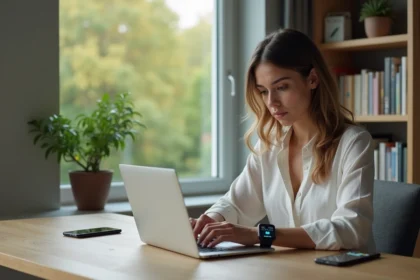 Jeune femme au bureau avec ordinateur et smartwatch