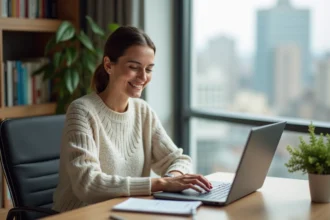 Femme souriante dans un bureau moderne organise son planner