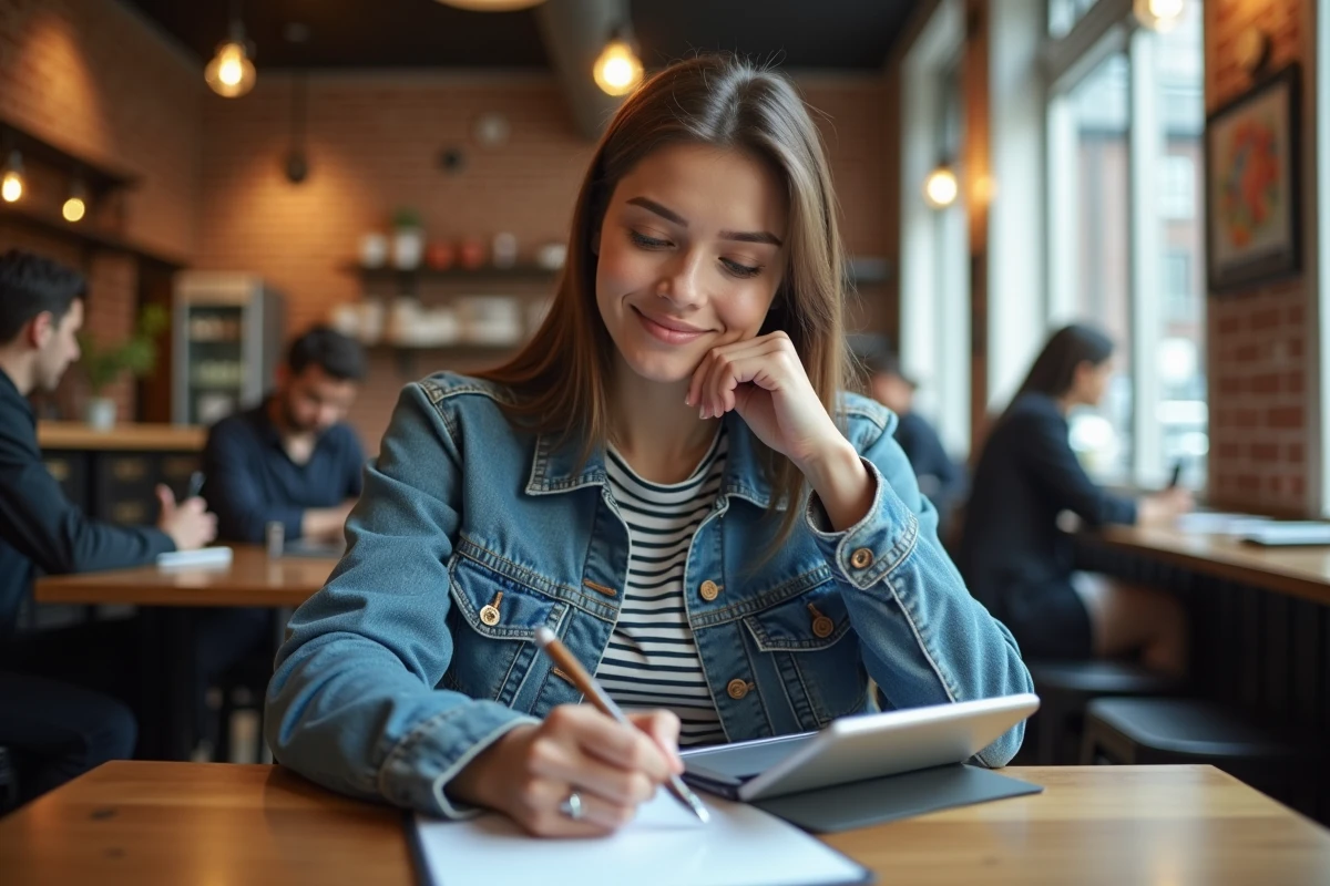 Jeune femme au café compare notes sur tablette
