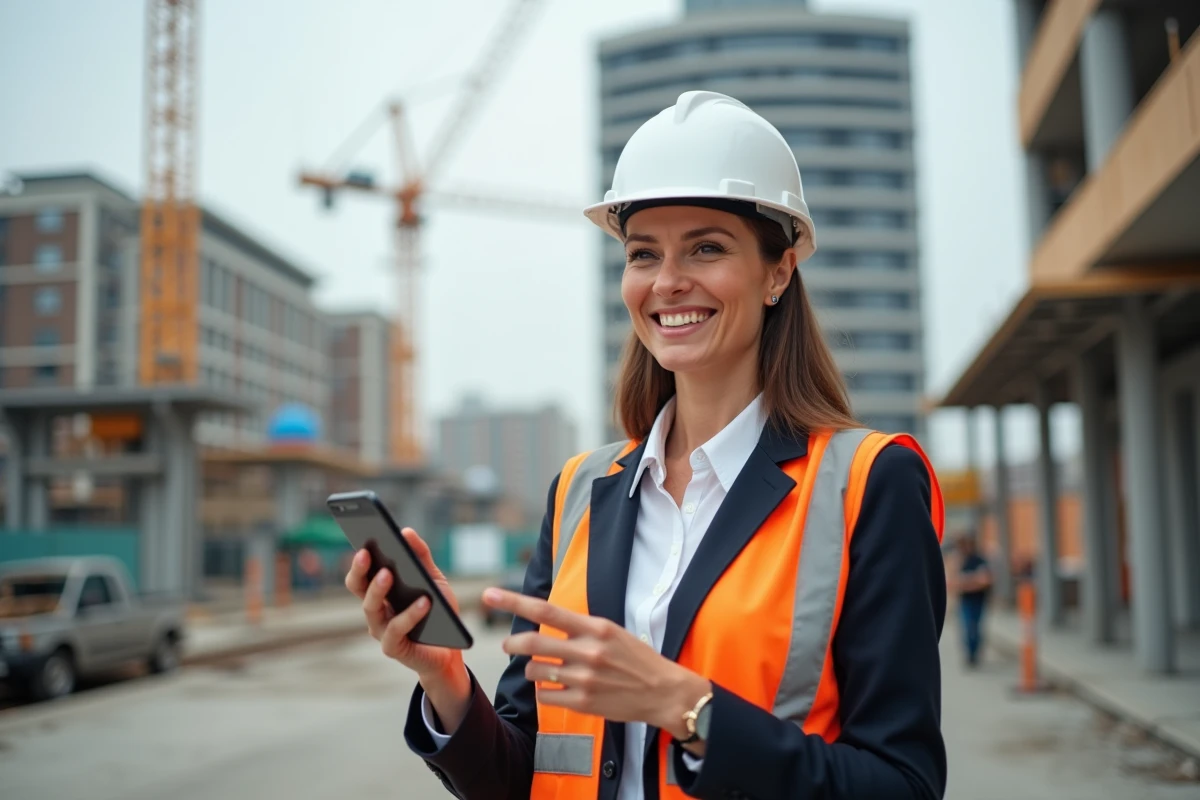 Femme sur site de construction urbanise avec smartphone