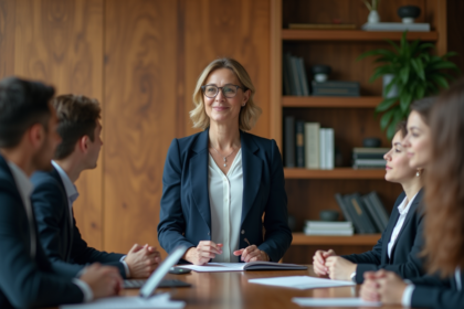 Femme en blazer navy lors d'une réunion professionnelle