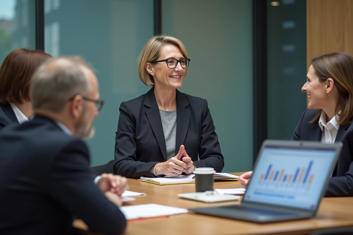 Femme en costume menant une discussion en réunion CNRS