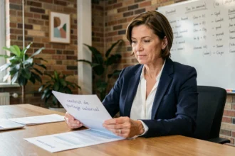 Femme professionnelle examinant un contrat de portage salarial lors d'une réunion d'association