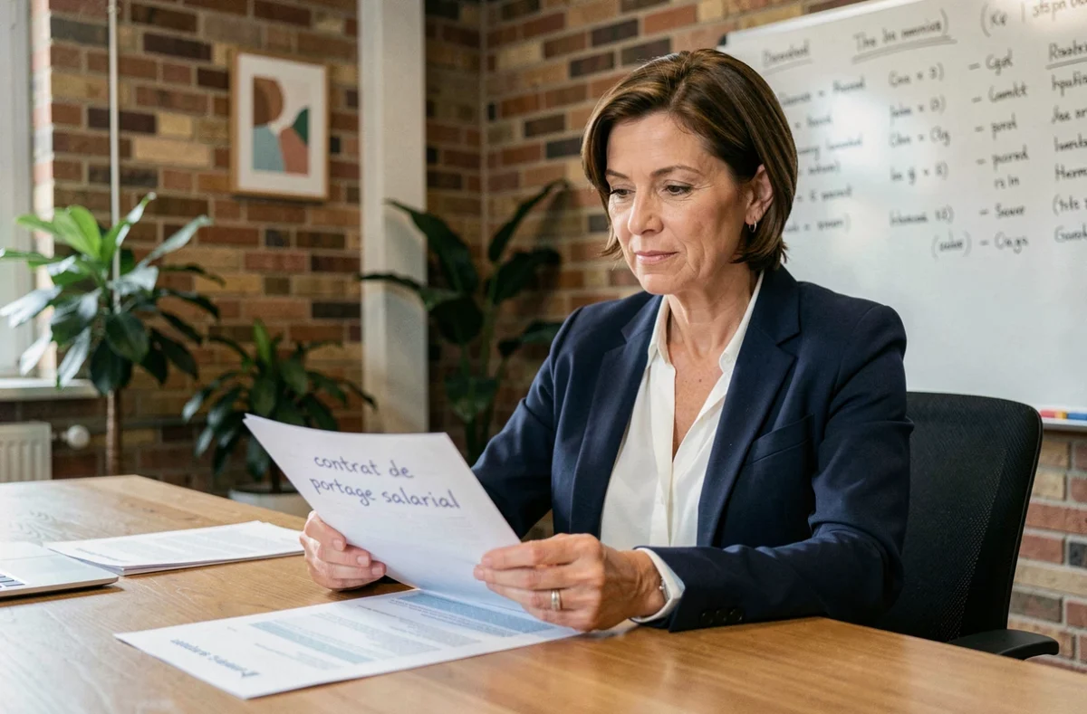 Femme professionnelle examinant un contrat de portage salarial lors d'une réunion d'association