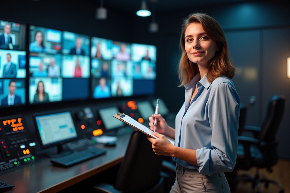 Jeune femme contrôlant des écrans de télévision en studio