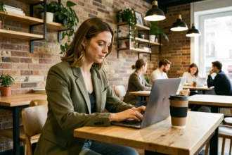 Femme travaillant dans un espace de coworking moderne à Besançon avec ordinateur portable et café