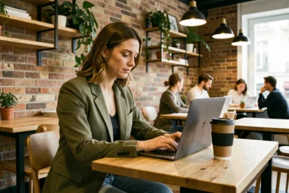 Femme travaillant dans un espace de coworking moderne à Besançon avec ordinateur portable et café