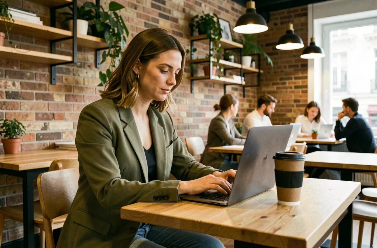 Femme travaillant dans un espace de coworking moderne à Besançon avec ordinateur portable et café
