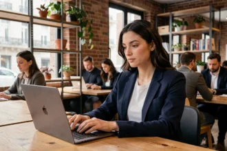 Jeune femme travaillant dans un espace de coworking moderne à Douai, assise à un bureau en bois partagé avec un ordinateur portable