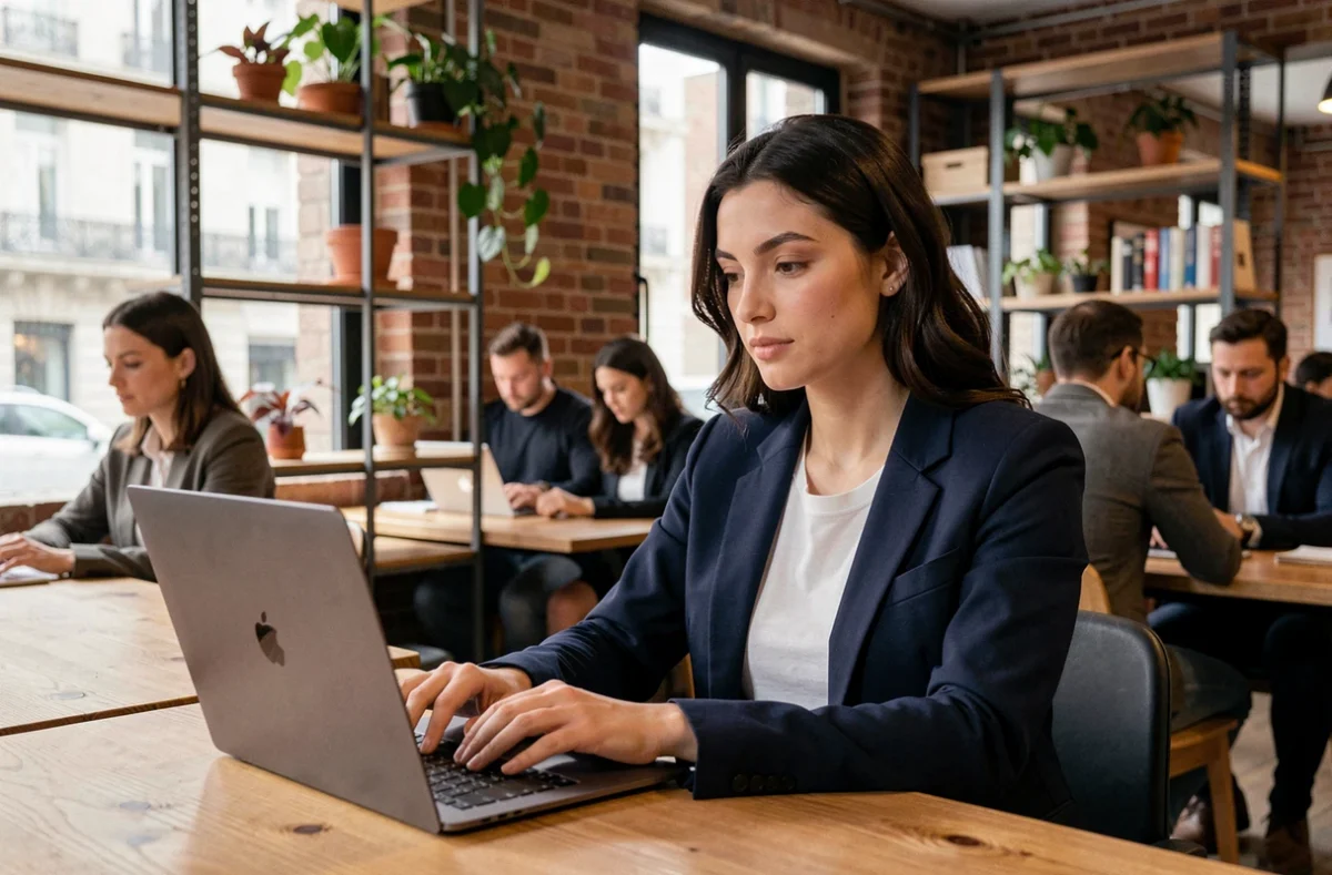 Jeune femme travaillant dans un espace de coworking moderne à Douai, assise à un bureau en bois partagé avec un ordinateur portable