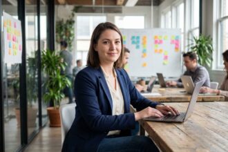 Jeune femme en coworking moderne pour article sur {titre}
