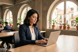Femme travaillant dans un espace de coworking moderne à Montpellier avec vue sur la rue