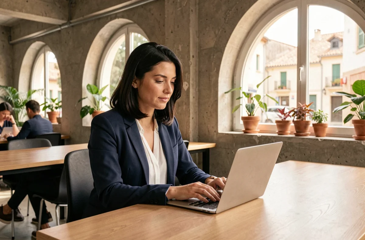 Femme travaillant dans un espace de coworking moderne à Montpellier avec vue sur la rue