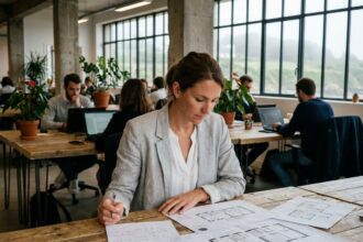 Femme professionnelle évaluant des plans dans un espace de coworking moderne près de Rennes