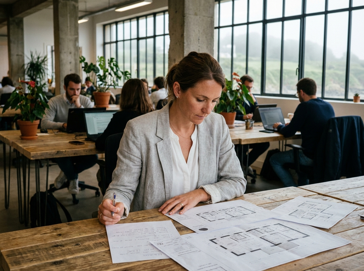 Femme professionnelle évaluant des plans dans un espace de coworking moderne près de Rennes