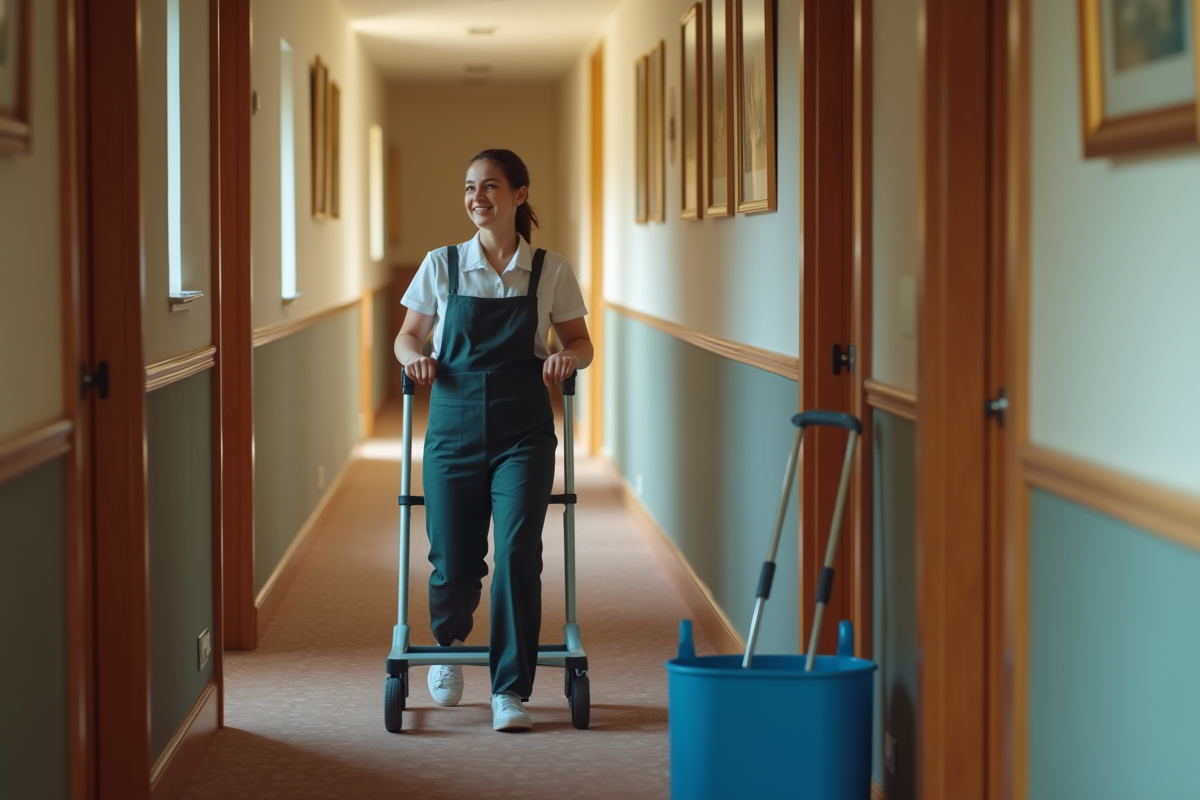 Jeune femme en uniforme poussant un chariot dans un couloir d