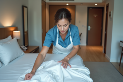 Femme de ménage française arrangeant du linge dans une chambre d'hôtel