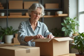 Femme emballant produits écologiques dans un espace organisé