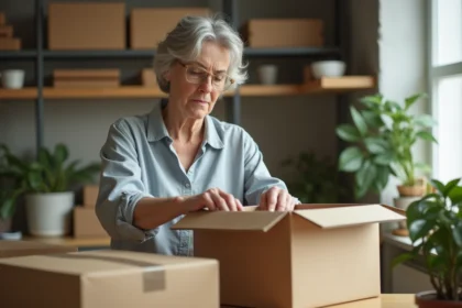 Femme emballant produits écologiques dans un espace organisé