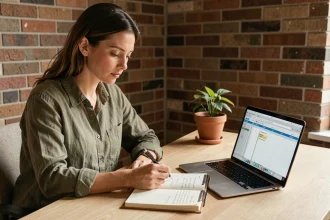 Femme entrepreneur analysant un plan de business de niche dans un bureau à domicile minimaliste